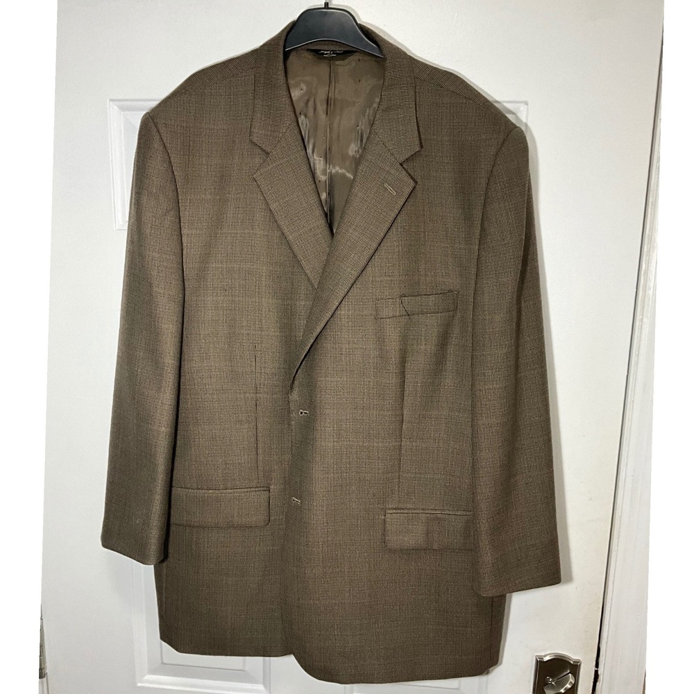 Joseph & Feiss Gold Mens 54R Wool Blazer Brown Micro Check Sport Coat 2 Button